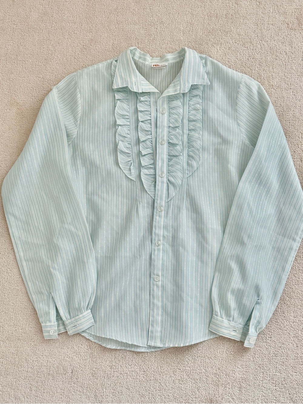 Vintage Women’s Light Teal and White Striped Ruffle Front Button-Up Blouse XS